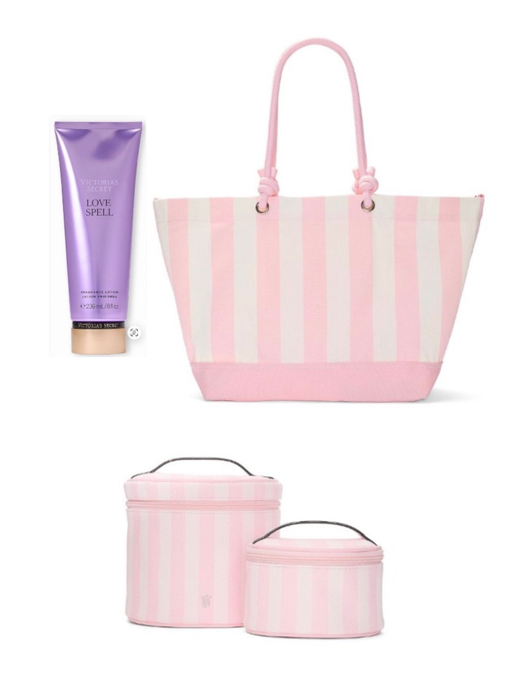 Victoria's Secret Pink Striped Tote and Cosmetic Cases with Lotion